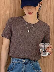 Camiseta de mujer de corte holgado con cuello redondo y manga corta con decoración de rayas de color block - Café integral - Ver 6
