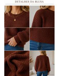 Women's Blouse Puff Sleeve Thick Round Neck Winter Knit - Rust Brown - View 4