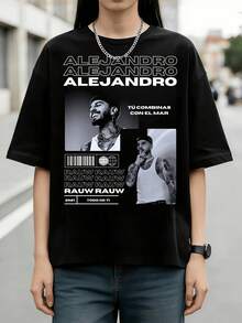 Women's Rauw Alejandro Black White Collage Printed Tee, Pure Cotton Retro Urban Latin Daily Streetwear - Black - View 6