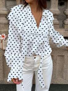 Camisa casual con botones, con volantes, estampado floral diminuto y decoración de perlas, ideal para primavera y vacaciones - Blanco - Ver 4