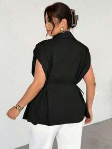 de traje delgada de botón de metal casual y elegante a juego para mujer talla grande, de lino marrón/Chaqueta de traje de imitación de lino/Blusa con lazo plisado/Ropa casual de negocios para mujer/Ropa de maestra/Ropa retro para mujer/Co - Negro - Ver 6
