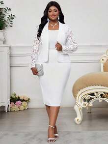 Lady Traje elegante de blazer y vestido de manga larga con cuello de solapa y encaje en contraste para mujer de talla grande - Blanco 3 - Ver 4