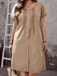 Vestido casual de mujer talla grande de unicolor, cuello redondo, manga corta, abotonado y con bolsillo - Caqui - Ver 1