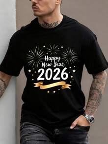 1 Piece Unisex Soft Cotton T-Shirt For Men And Women, Happy New Year 2026 Design, Festive Party Clothes, Gift For The Christmas Season, Summer, Lightweight, Breathable, Short Sleeve - 黑色 - 查看 1