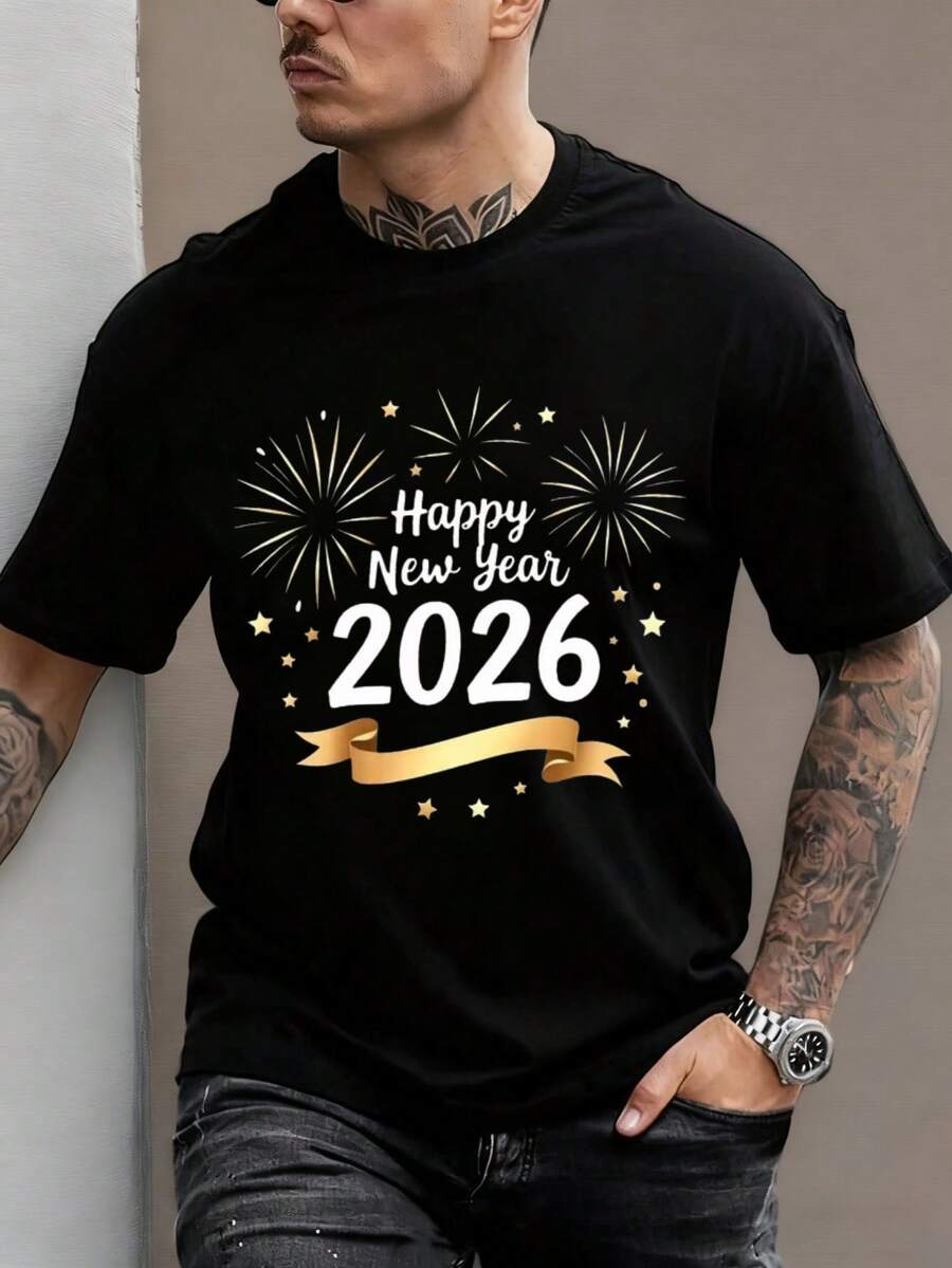 1 Piece Unisex Soft Cotton T-Shirt For Men And Women, Happy New Year 2026 Design, Festive Party Clothes, Gift For The Christmas Season, Summer, Lightweight, Breathable, Short Sleeve - 黑色 - 查看 1