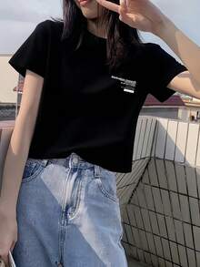 Y2K Women's Short Sleeve T-Shirt - Slim Fit Top With Cartoon Print, Semi-Sheer Round Neck, Medium Stretch Fabric For Spring, Summer, And Autumn, Casual T-Shirts, Summer Fashion, Slim Fit Tee - 黑色 - 查看 4