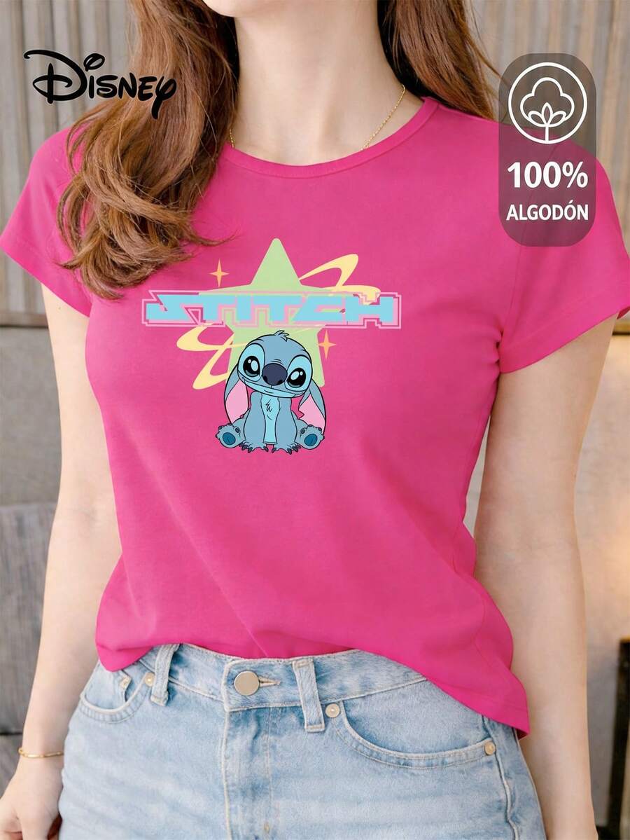 Women's T-Shirt Made Of 100% High-Quality Cotton, This T-Shirt Guarantees Exceptional Softness To The Touch, Round Neck With "Disney Stitch Star Retro" Print And Short Sleeves - 玫紅色 - 查看 1