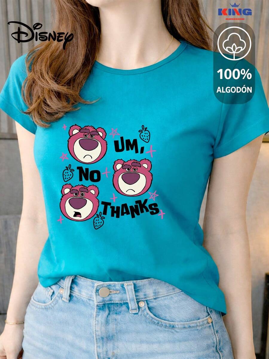 This 100% Cotton T-Shirt Is Of Excellent Quality, Guaranteeing Exceptional Softness To The Touch. It Features A Round Neck With A "Disney No Thanks" Print And Short Sleeves. - 綠松石 - 查看 1