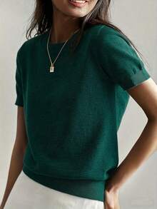 Camiseta de punto de manga corta de unicolor y peso ligero para mujer, top minimalista de verano - Verde Oscuro - Ver 7