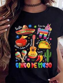 Camiseta Cinco de Mayo con Temática de Fiesta, con Sombrero, Piñata, Taco, Guitarra, Maracas, Cactus y Texto para Celebración de Fiesta, Ropa Fresca de Verano para Mujer - Negro - Ver 2