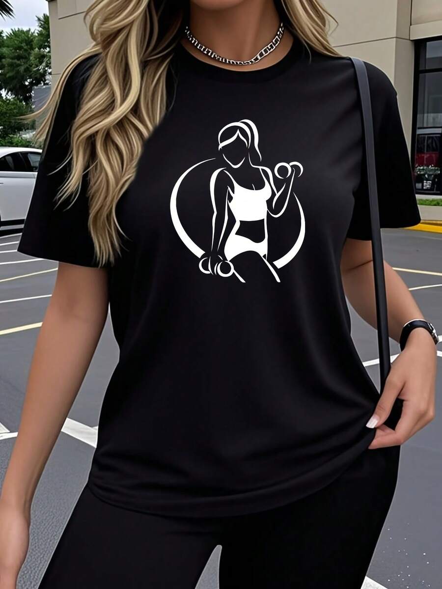 Vintage, Retro, Y2K - camiseta de algodón puro para mujer, ropa de verano, camiseta de manga corta, top Y2K sencillo y elegante con cuello redondo, ropa casual deportiva para entrenamientos de fitness, camiseta de manga corta tipo pullover, diseño minimalista de arte deportivo a la moda con estampado de figura deportiva - Maternidad, Verano, Invierno - Negro - Ver 1