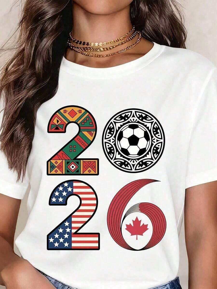 Women's Casual Summer T-Shirt, White Graphic Tee For Young Women With 2026 World Cup Design, Featuring A Soccer Ball Pattern And The Flags Of Mexico, The USA, And Canada, For Soccer Fan Events - 白色 - 查看 1