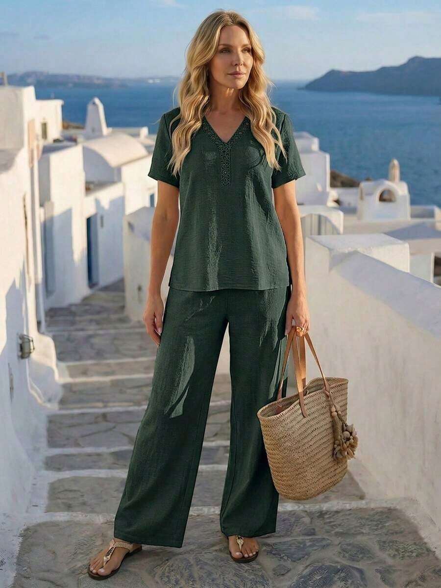 Faunlyn Conjunto de 2 piezas de camisa y pantalones de unicolor casual de vacaciones para mujer - Verde Oscuro - Ver 1