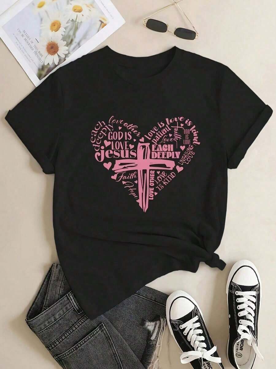 Women's T-Shirt, 100% Cotton, Short Sleeve With Pink Heart Print - Comfortable And Stretchy Casual Top With Round Neck, White And Pink Heart Details, Machine Washable, H-Line Style (95% Cotton / 5% Elastane) - For Spring, Summer And Autumn - 黑色 - 查看 1