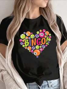 Women's Lightweight And Durable Black Printed T-Shirt With A Vibrant Bingo Heart Design, Perfect For Casual Outings At Home, Cafes, Or Parties. Summer Tee. - 黑色 - 查看 6