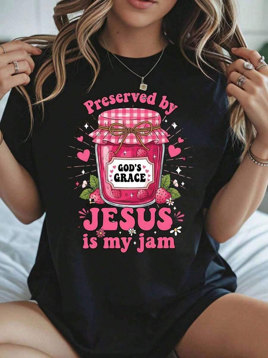 Breathable Christian T-Shirt With The Phrase "Preserved By The Grace Of God, Jesus Is My Salvation" For Women, Religious Faith Gift, T-Shirt With Inspirational And Beautiful Graphic, Women's Cotton T-Shirts, Premium Women's - 黑色 - 查看 1