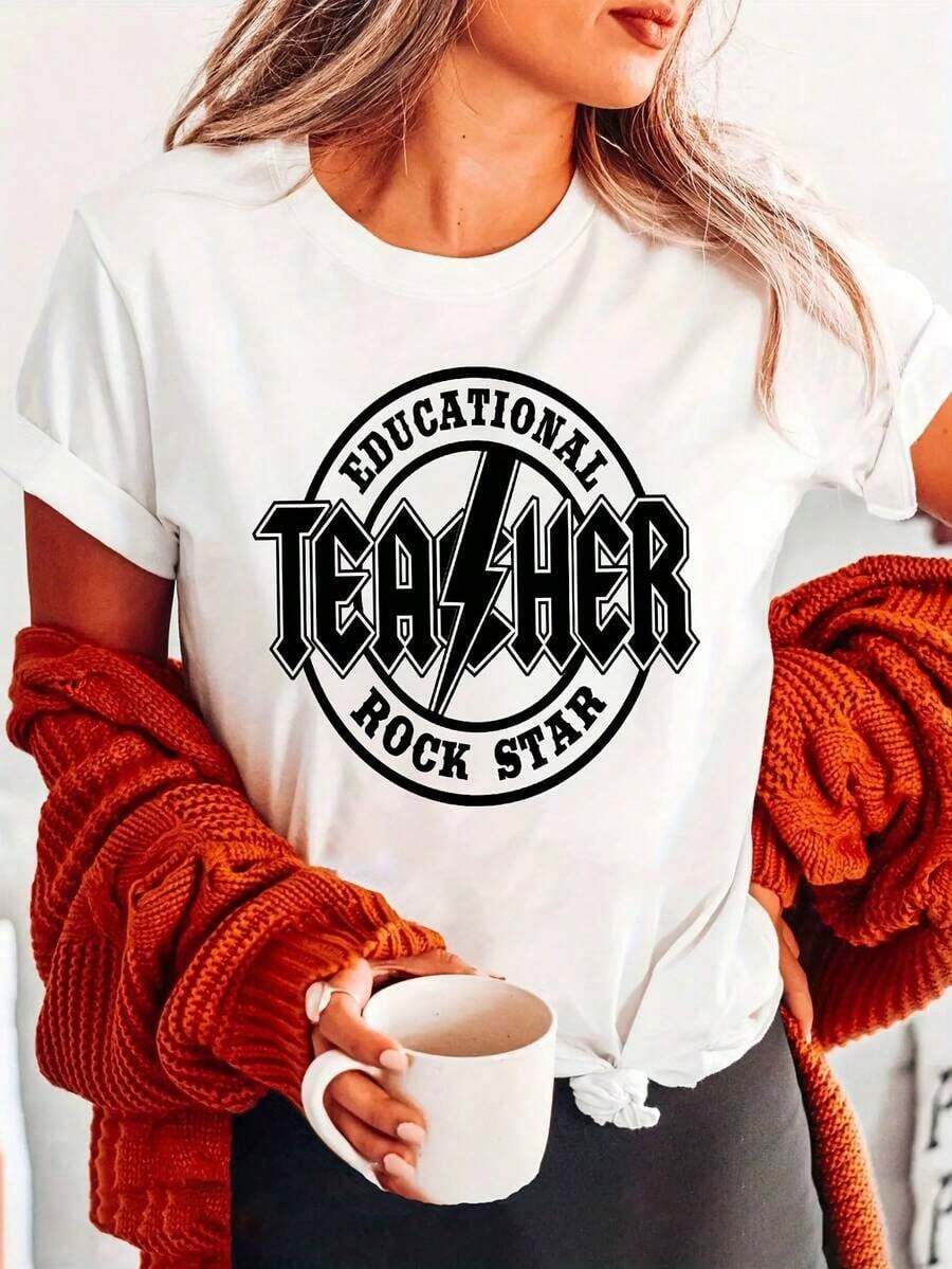 Camiseta casual de manga corta de peso pesado con estampado de letras, perfecta para el verano y la primavera, diseñada para quienes aman los temas educativos y la moda de estrellas de rock. 100% algodón. Éxito de . - Blanco - Ver 1