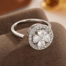 1 pieza Anillo giratorio Fidget de cobre con circonita, con diseño de flor, estrella y luna, para alivio de ansiedad y estrés, para uso diario, regalo - Plateado - Ver 11