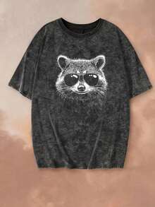 Camiseta de manga corta con cuello redondo, estampado de mapache y teñido anudado, de estilo minimalista y de moda para el verano, blusa versátil y elegante para mujer en color negro - Negro - Ver 6