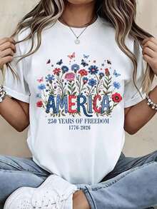 America 250 Years Of Freedom 1776-2026 Patriotic Floral T-Shirt For Women Independence Day Celebration Clothing White Top - 白色 - 查看 1