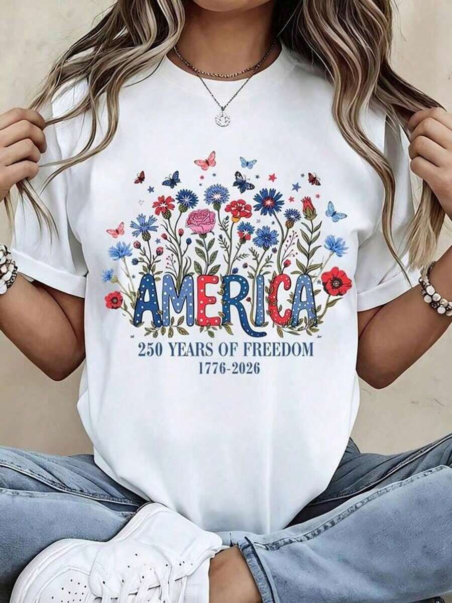 America 250 Years Of Freedom 1776-2026 Patriotic Floral T-Shirt For Women Independence Day Celebration Clothing White Top - 白色 - 查看 1