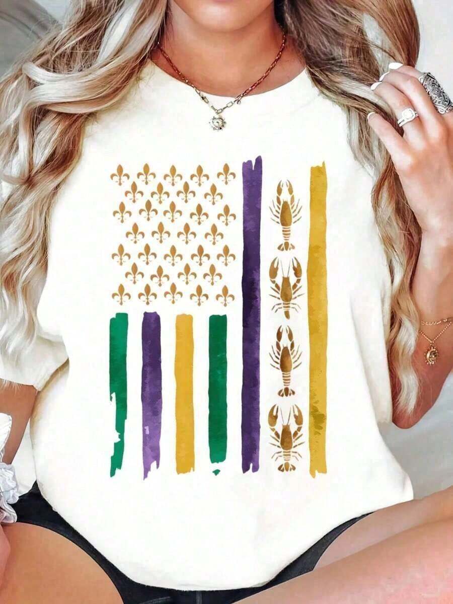 Casual T-Shirt With Fleur-De-Lis And Lobster Cajun Print, Oversized Women's T-Shirt, Casual Mardi Gras Party Wear, 100% Cotton, Durable - 白色 - 查看 1