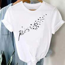 Women's Short Sleeve T-Shirts 100% Cotton, Round Neck T-Shirt With Dandelion Cartoon Graphic Print, Short Sleeve T-Shirt For Women, Printed Clothing For Ladies, T-Shirts For Women. - 白色 - 查看 6