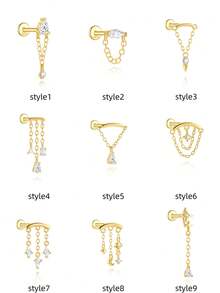 1pc 925 Sterling Silver Tassel Chain Earring, Delicate Cartilage Ear Stud, Flat Back Earring For Women - Gold - View 16