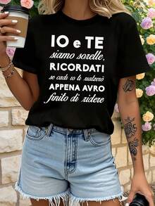 New Fashionable Women's Round Neck T-Shirt, Fun Design With Italian Sister Letter Print, Short Sleeve T-Shirt For Spring And Summer, Casual Style For Daily Wear, Holiday Gift, Universal Basic Style, Versatile Design Ready For Summer. - 黑色 - 查看 2