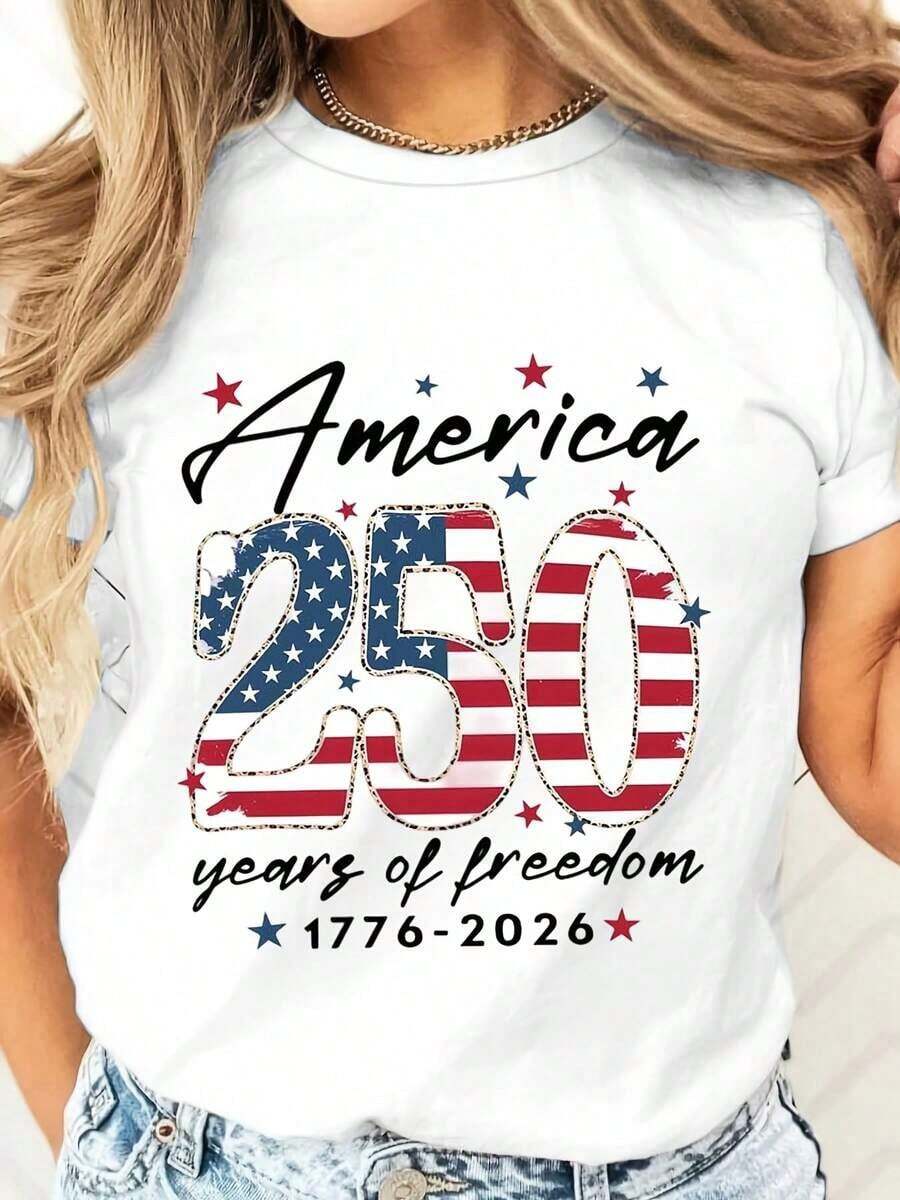 Casual T-Shirt America 250 Years Of Freedom 1776-2026 US Flag Design Independence Day Celebration Patriotic Clothing For Fourth Of July Parties And National Holidays Women's T-Shirts - 白色 - 查看 1