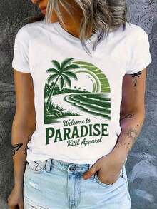 Pure Cotton 2026 Style T-Shirt - Women's T-Shirt - White And Green Tropical Paradise Pattern, Casual Round Neck Vacation T-Shirt - Machine Washable Summer Top, Suitable For Beachwear And Everyday Wear - Artboard 8 Series, A Beach Essential, Effortless Style, Breathable Fabric, Feminine Style - Vintage T-Shirt - 白色 - 查看 1