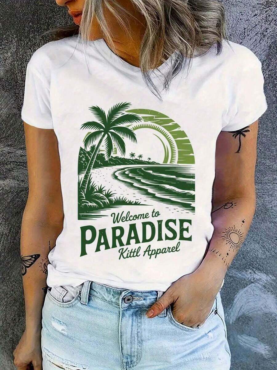 Pure Cotton 2026 Style T-Shirt - Women's T-Shirt - White And Green Tropical Paradise Pattern, Casual Round Neck Vacation T-Shirt - Machine Washable Summer Top, Suitable For Beachwear And Everyday Wear - Artboard 8 Series, A Beach Essential, Effortless Style, Breathable Fabric, Feminine Style - Vintage T-Shirt - 白色 - 查看 1