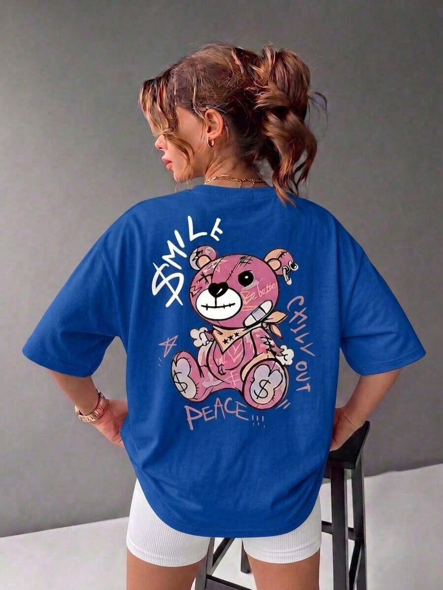 Camiseta de manga corta para mujer, estampada, versátil, ropa deportiva casual para el verano, 100% algodón. - azul - Ver 1