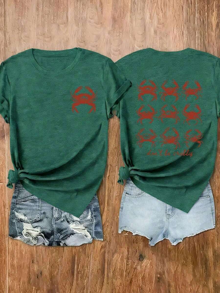 Women's "Don't Be Crabby" Short-Sleeved Crew Neck T-Shirt, Featuring A "I Might Be Laid Back But I Can Lean Forward" Print Design. Comfortable And Breathable, Stylish And Elegant, Machine Washable, Suitable For Everyday Casual Wear. - 綠色 - 查看 1
