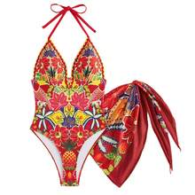Traje de baño de una pieza estampado para mujer, sexy con cuello halter y falda cruzada, ropa de baño para vacaciones en la playa. - naranja - Ver 3