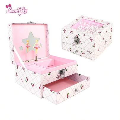1pc Cherry Print Musical Jewelry Box, Drawer Style Music Box With Shaking Window & Ballerina Figurine For Girls