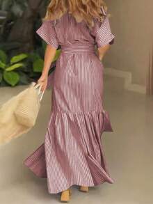 Ladies' Elegant Long Skirt - From Formal Attire To Casual Weddings, Parties, And Daily Wear - Polyester Fiber Summer Fashion Lantern Sleeve Design, Waist Cinching Slim Fit, Breathable Material, Office Attendance Attire - màu xám hồng nhạt - Xem 2