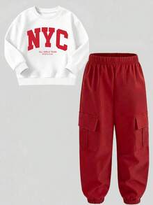 Conjunto de sudadera de cuello redondo de manga larga con estampado de letras y pantalones de chándal de unicolor para niño preadolescente - Rojo - Ver 2