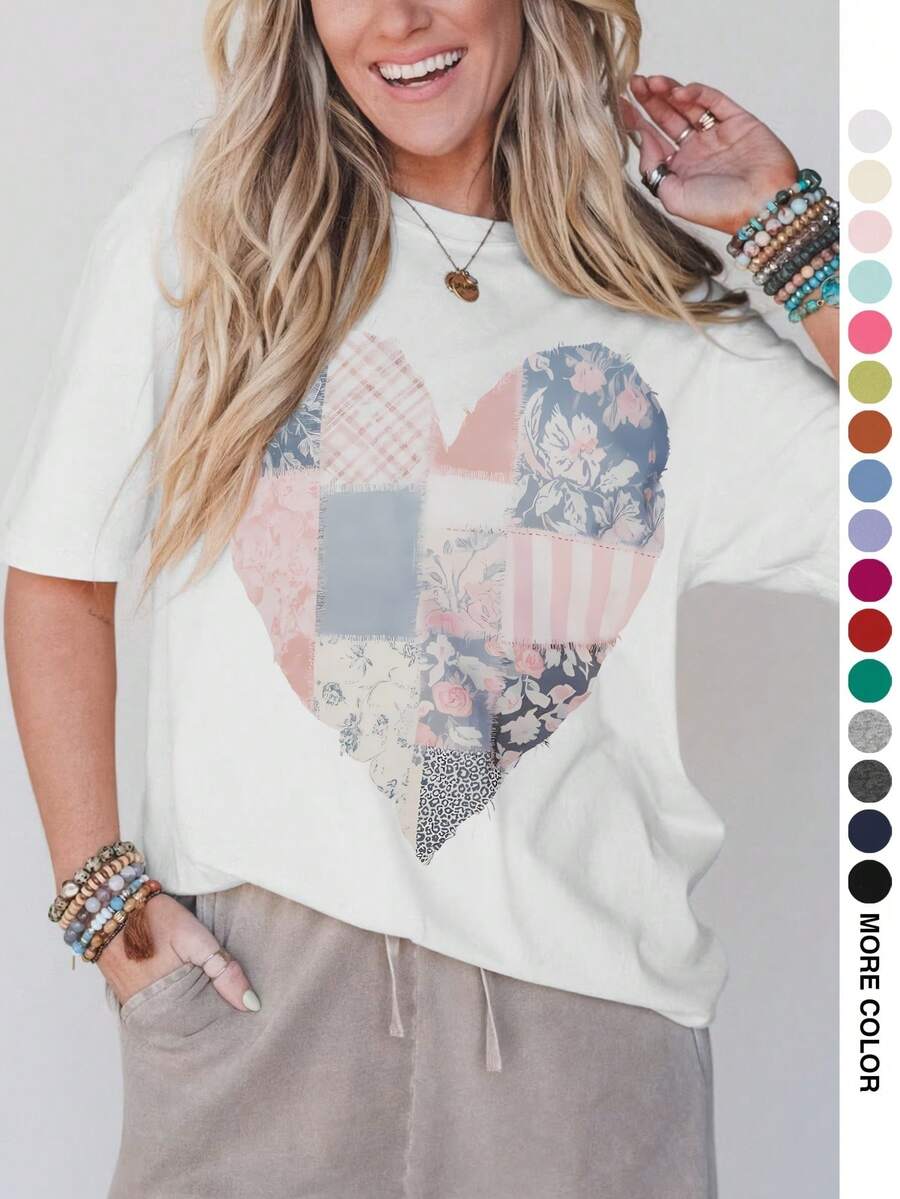 Camiseta Deportiva Casual para Mujer con Diseño de Parches de Corazón - Camiseta Elástica de Cuello Redondo, Lavable aáquina, Ajuste Cómodo para Todas las Estaciones, Perfecta para Lucir como una Mujer Rubia Sonriente. - Blanco - Ver 1