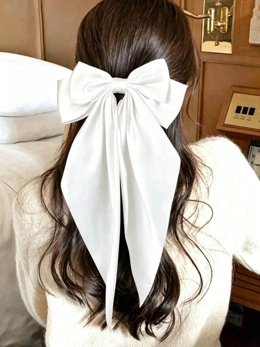 1 pieza Diadema de satén de seda blanca grande para mujer, pinza de pelo con lazo, pinza de pelo de cola larga para niñas, accesorio de pelo grande, adecuado para uso diario, atuendos de fiesta, pinza de pelo con lazo vintage, uso multiusos
