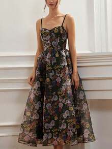 Aveloria Revavyn Vestido largo con borde de organza de estampado floral romántico y delicado, que estiliza la cintura, elegante vestido de fiesta/noche con tirantes finos para mujeres - Multicolor - Ver 6