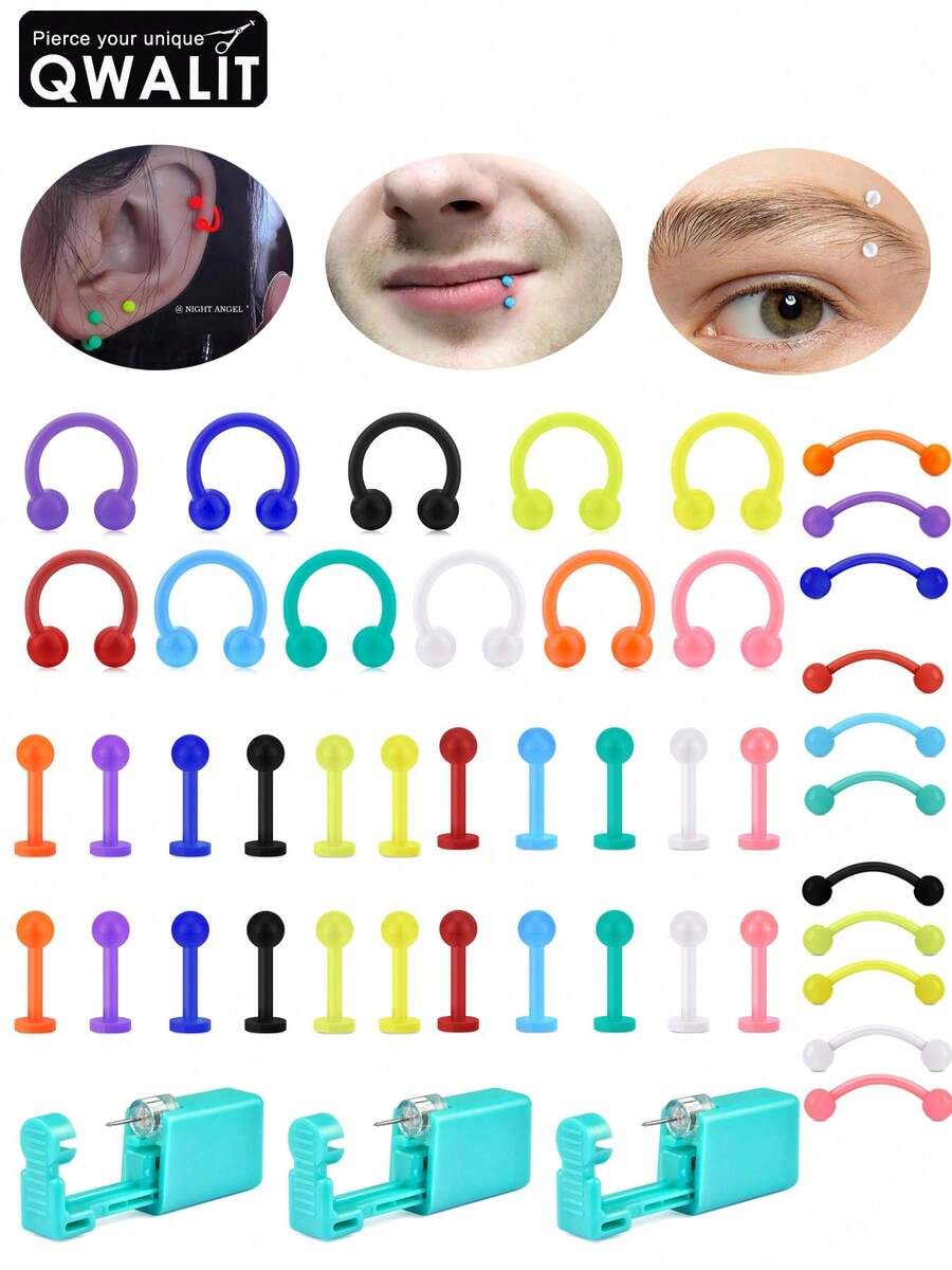 7pcs Stainless Steel Piercing Kit, Includes 12G/14G/18G Needles, Suitable For Navel, Lip, Nose, Eyebrow, Ear Piercing, With Nose Stud, Navel Ring, Lip Ring And Nose Septum Ring - Multicolor - View 1