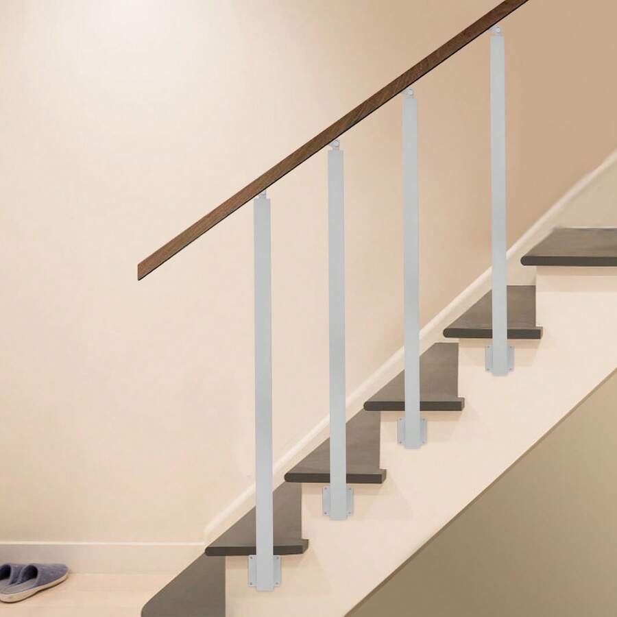 4 Pieces 100 Cm White Square Stair Railing Posts, Side-Mounted Metal Railing Posts, Adjustable Stair Railing Spindle, Modern Decorative Railing Column, For Stairwell, Balcony, Villa, Garden, Veranda - White - View 1