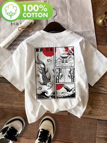 Oversized T-Shirt For Women With Japanese Koi Fish And Bamboo Print - Casual Short Sleeve Crew Neck T-Shirt, Semi-Sheer Regular Fit For Summer And Spring, Machine Washable, Spring Outfit, Breathable Clothing, Artistic Design On The Back, Lightweight Fabric, 100% Cotton - 黑色 - 查看 1
