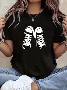 Plus Size Women's T-Shirt, Retro Sneaker Print T-Shirt For Plus Size Women - Short Sleeve Crew Neck Top With High Top Shoe Print | Casual Stretch Blouse Suitable For Spring And Summer Outfits, Machine Washable, Vintage Streetwear For Casual Wear Or Going Out, Blouses For Women - 黑色 - 查看 1