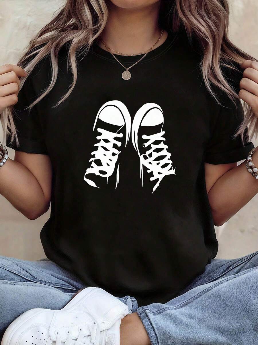 Plus Size Women's T-Shirt, Retro Sneaker Print T-Shirt For Plus Size Women - Short Sleeve Crew Neck Top With High Top Shoe Print | Casual Stretch Blouse Suitable For Spring And Summer Outfits, Machine Washable, Vintage Streetwear For Casual Wear Or Going Out, Blouses For Women - 黑色 - 查看 1