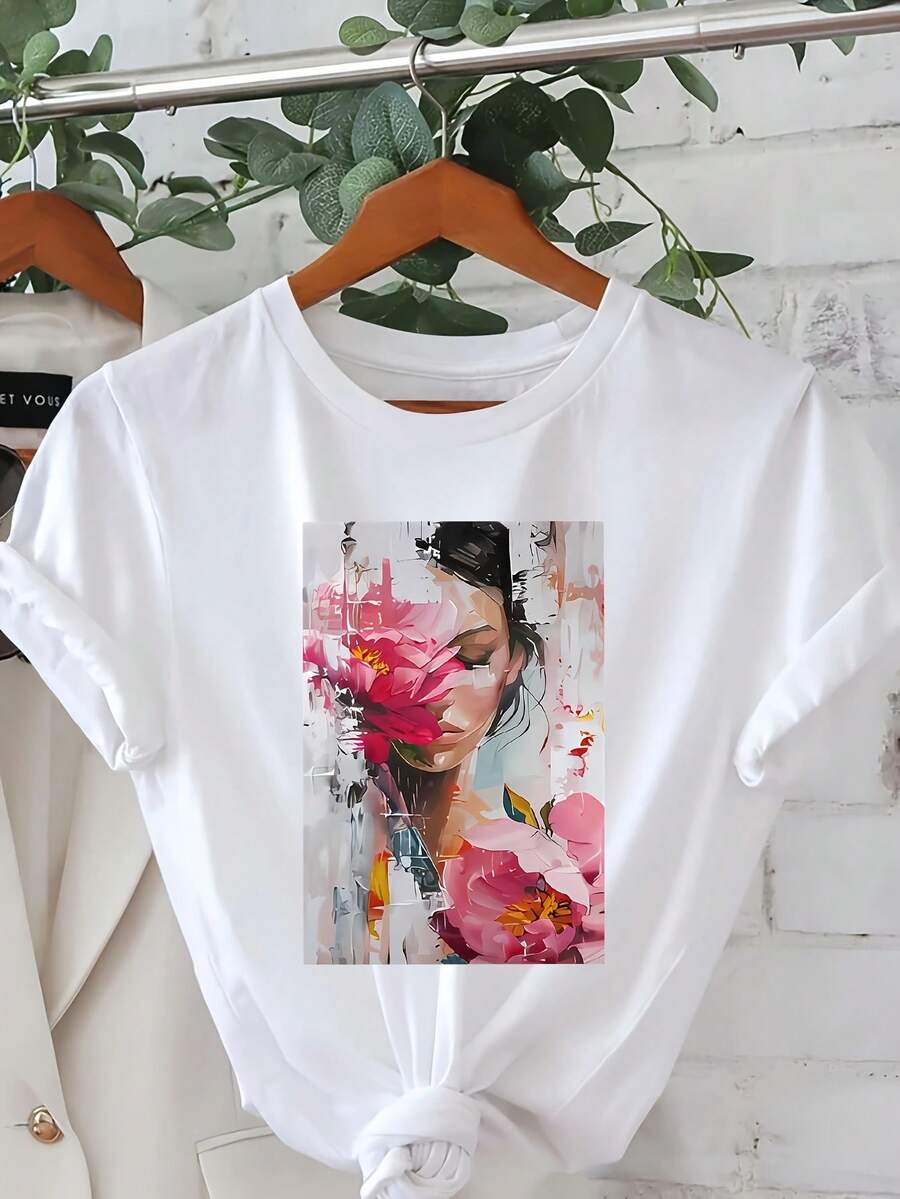 Camisetas de moda para mujer con estampado de patrón, camisas casuales de manga corta y cuello redondo, adecuadas para verano y primavera, ropa de mujer.