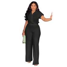 Nueva colección de verano de ropa para mujer de talla grande, estilo europeo y americano, conjunto de dos piezas compuesto por camisa de manga corta de color sólido y pantalones casuales de cintura alta. - Negro - Ver 1