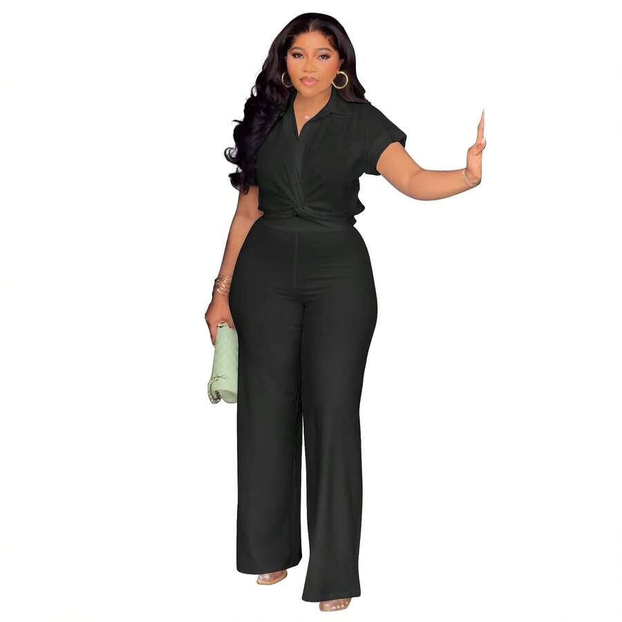 Nueva colección de verano de ropa para mujer de talla grande, estilo europeo y americano, conjunto de dos piezas compuesto por camisa de manga corta de color sólido y pantalones casuales de cintura alta. - Negro - Ver 1