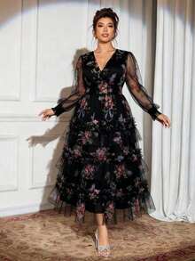 Auvina Nuevo vestido de malla con estampado floral, adecuado para fiesta de noche, cita, té de la tarde, cumpleaños, boda, vestido de cintura elástica, vestido casual de talla grande - Negro - Ver 1